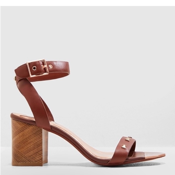 TED BAKER 39 Biah Brown 100% Leather Wood Block Heel Ankle Sandle With Bow Studs - Picture 2 of 14